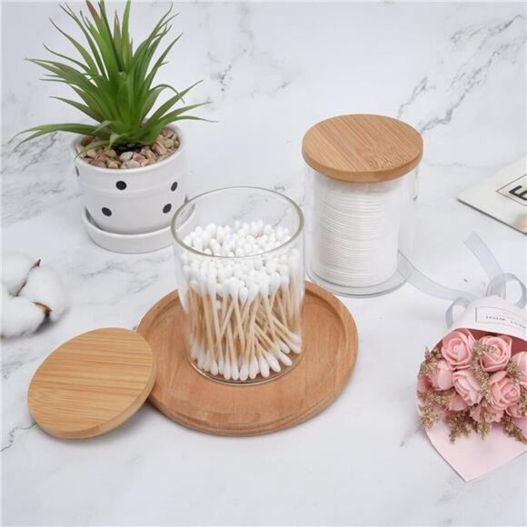2Pack Glass Qtip Holder Dispenser Bathroom Jars with Bamboo Lids,Cotton Ball Pad - Picture 2 of 8